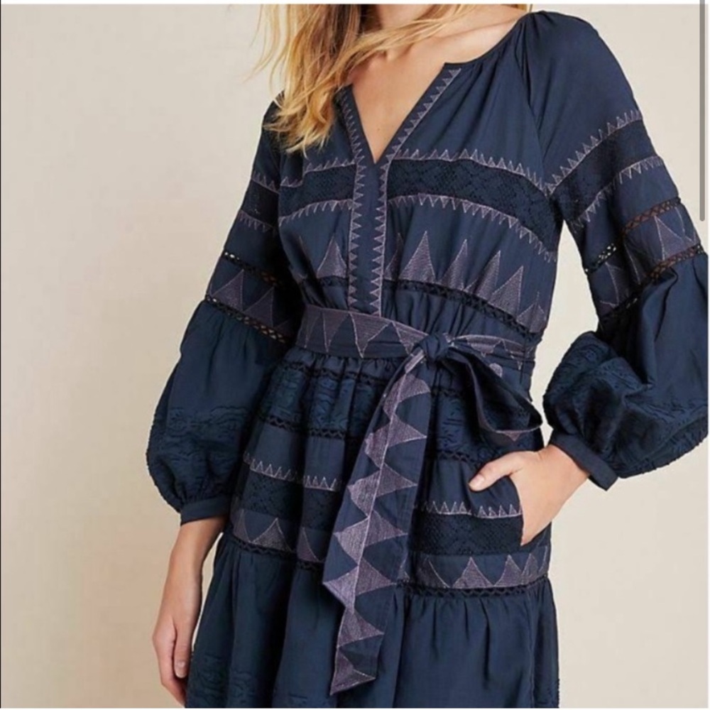 NWT Anthropologie Skye Embroidered Dress in Navy